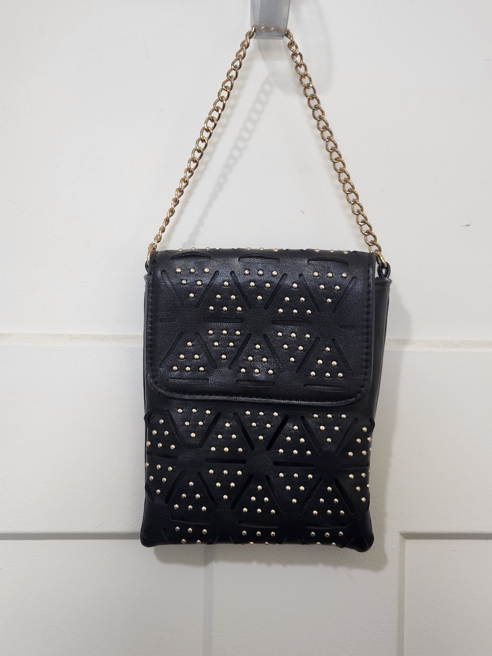 Black Leather Studded Chain-Handle Small Crossbody Bag